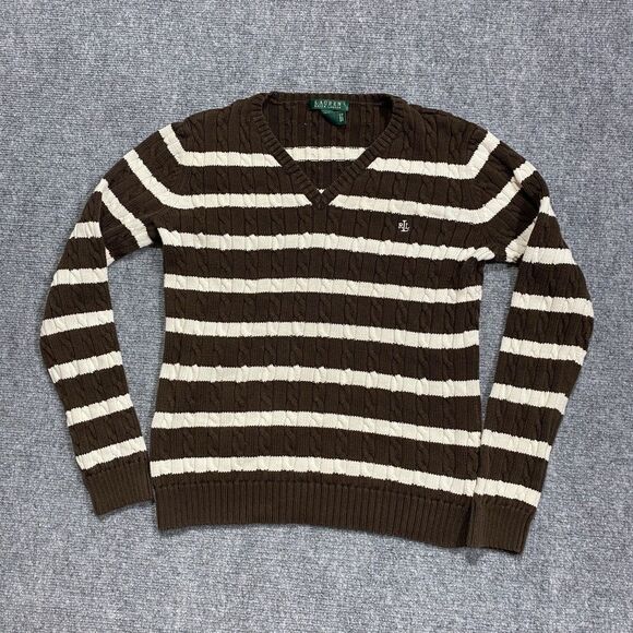 Lauren Ralph Lauren Sweaters - Ralph Lauren Polo Cable Knit Sweater Womens Medium Brown White Striped Vneck